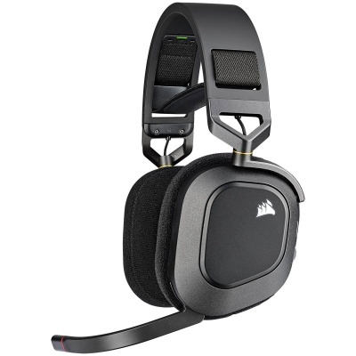 Auricular de gaming preto com microfone ajustável e logo Corsair branco