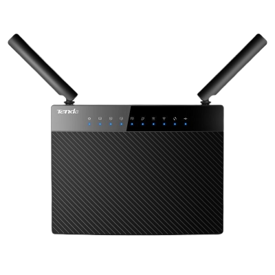 Roteador Tenda preto com duas antenas e luzes LED azuis