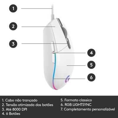Rato de computador branco com iluminação RGB e 6 botões