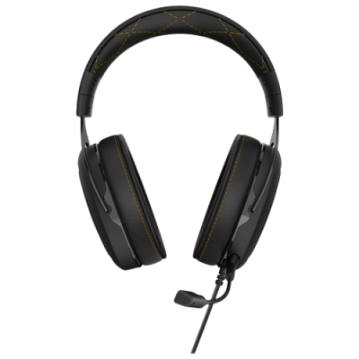 Auscultadores gaming pretos com costura amarela e microfone