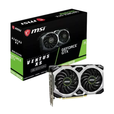 Placa gráfica MSI GeForce GTX 1660 Super Ventus XS OC Edition com dois ventiladores e caixa preta e verde.