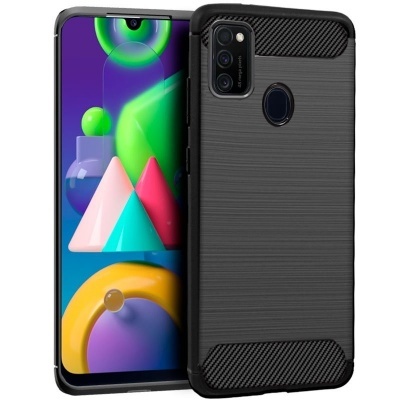 Smartphone com capa protetora preta texturada e gráficos coloridos no ecrã