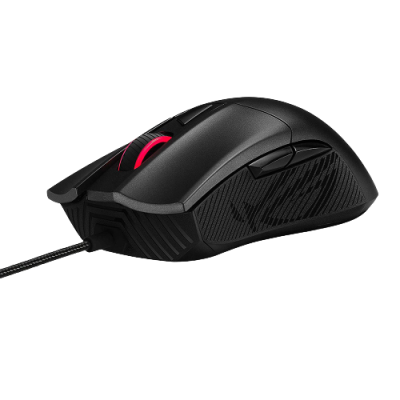 Rato de computador gaming preto com detalhes em vermelho e superfície texturizada