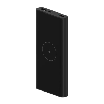 Power bank preto com símbolo de raio e indicadores LED