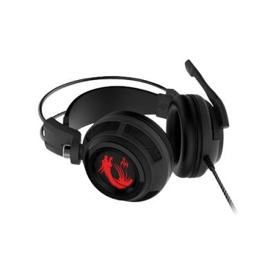 Auriculares pretos com microfone e detalhes vermelhos