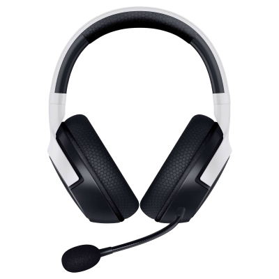 Auricular de gaming com microfone, preto e branco, fundo preto