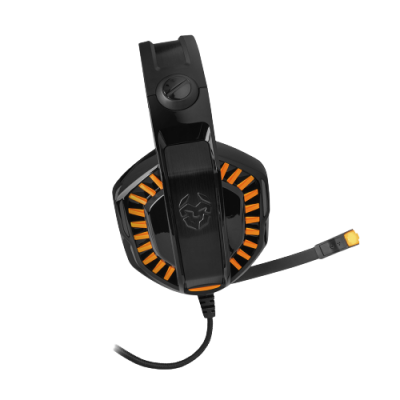 Auricular gaming preto com detalhes laranja e microfone incorporado