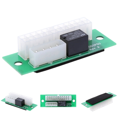 Placa eletrónica verde com conetores brancos e relé preto