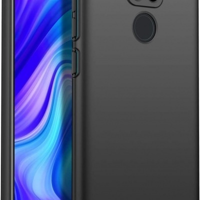 Smartphone preto com capa fosca, ecrã colorido e quadrado com quatro câmaras na parte traseira