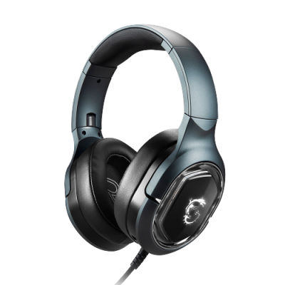 Auriculares over-ear azul e preto com luz LED branca de dragão