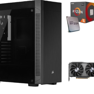 Caixa de computador desktop com processador AMD Ryzen 5 e placa gráfica com duas ventoinhas