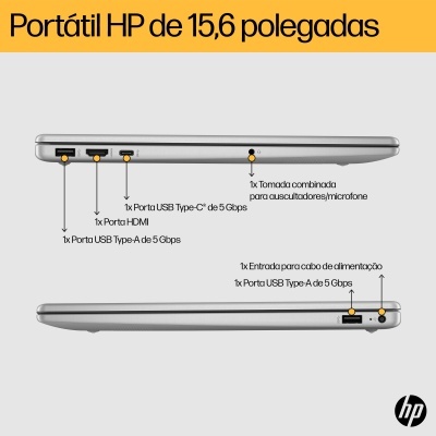 Computador portátil HP cinza lateral mostrando portas USB, HDMI e tomada de áudio com texto em português.
