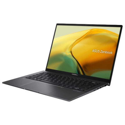 Computador portátil ASUS Zenbook cinzento com ecrã ligado e teclado preto