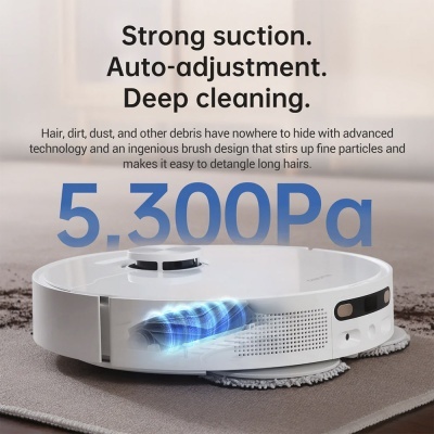 Robô aspirador de pó branco redondo com texto sobre sucção forte e limpeza profunda