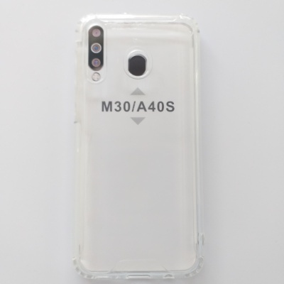 Telemóvel branco com capa transparente e texto M30/A40S