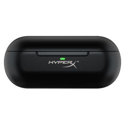 Estojo de carregamento preto para auscultadores HyperX com luz verde e logotipo