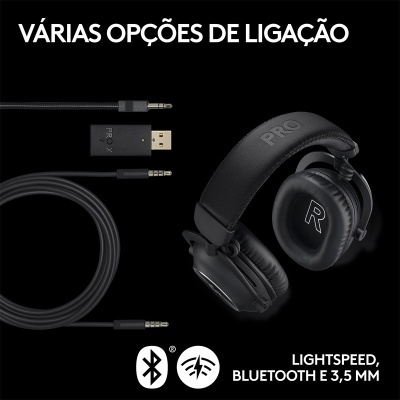 Auscultadores negros PRO com cabos pretos e texto em fundo preto