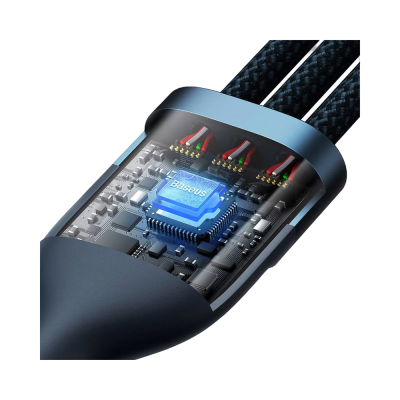 Cabo eletrónico preto com chip azul visível e fios coloridos