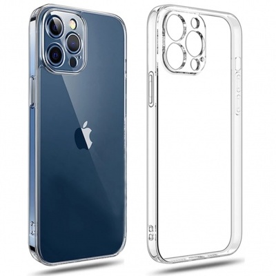 Smartphone azul escuro Apple com três câmeras e capa protetora transparente