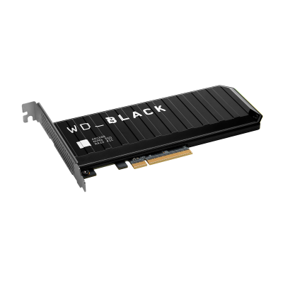 Disco SSD WD BLACK NVMe preto com texto branco e conector PCIe dourado