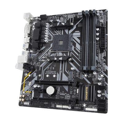 Placa-mãe GIGABYTE B450M DS3H microATX preta com componentes eletrónicos