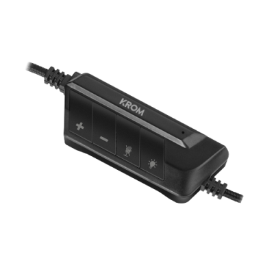 Comando remoto preto com botões para volume, microfone e luz, marca KROM