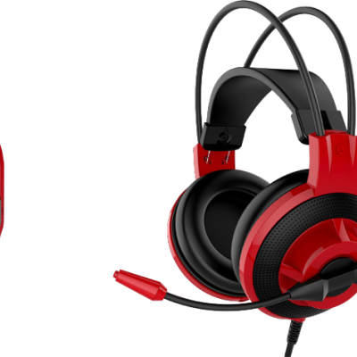 Auriculares gaming vermelhos e pretos com microfone e comando