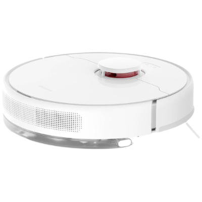 aspirador robot branco redondo com sensor circular vermelho no topo