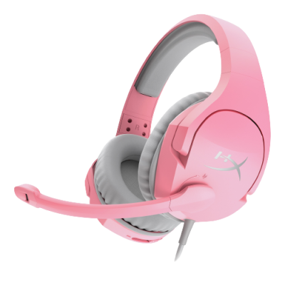 Auricular headset rosa HyperX com microfone ajustável e almofadas cinza