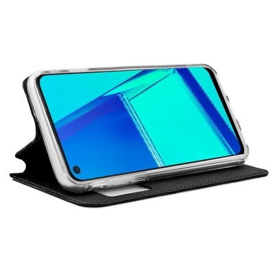 Telemóvel numa capa preta de couro com suporte e moldura transparente