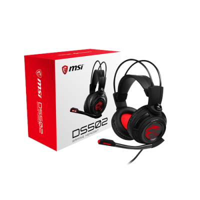Auscultadores gaming MSI DS502 pretos com auriculares vermelhos e microfone, ao lado da caixa vermelha e branca com o logotipo MSI.