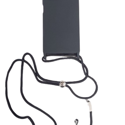 capa de telemóvel preta com corda preta e ajuste metálico