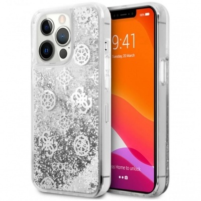 Capa de telemóvel transparente com glitter prateado e logótipos GUESS