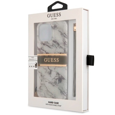 Capa de telefone GUESS padrão mármore com faixa rosa dourado e caixa branca