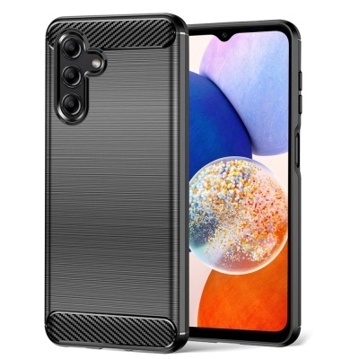 Capa protetora preta com textura riscada e padrão fibra carbono para smartphone