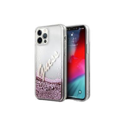 Capa transparente com glitter rosa e logo 'Guess' para smartphone