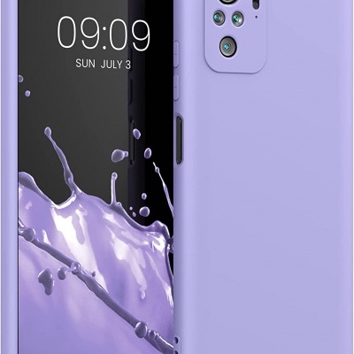 Smartphone com tampa lilás e ecrã a mostrar data e hora