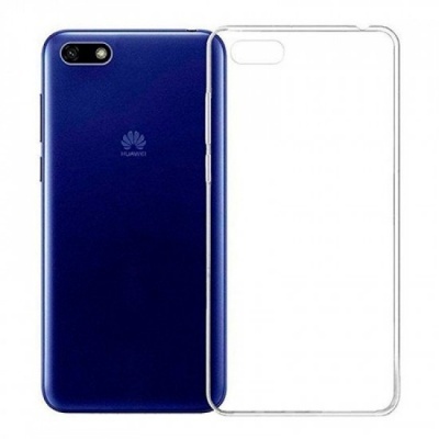 Smartphone Huawei azul com capa transparente.