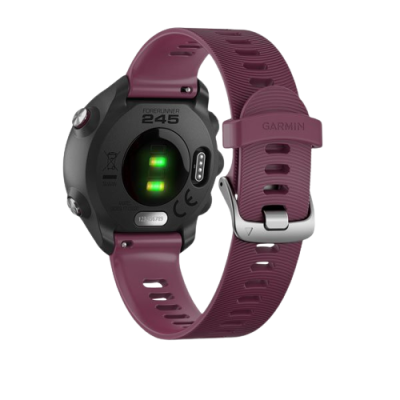 Relógio desportivo Garmin Forerunner 245 com pulseira roxa e sensores verdes