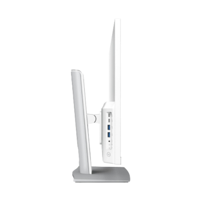 Monitor branco e cinzento visto de lado com portas USB visíveis