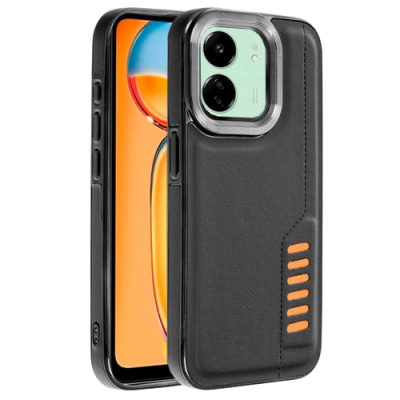 Capa protetora preta para smartphone com detalhes laranja e reforço na câmara