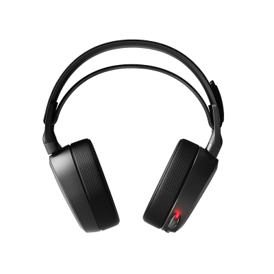 Auscultadores de cabeça pretos com auriculares almofadados e indicador luminoso vermelho