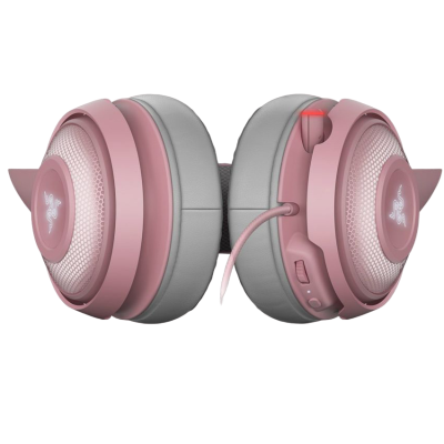 Auriculares over-ear rosa e cinza com microfone ajustável e logotipo iluminado