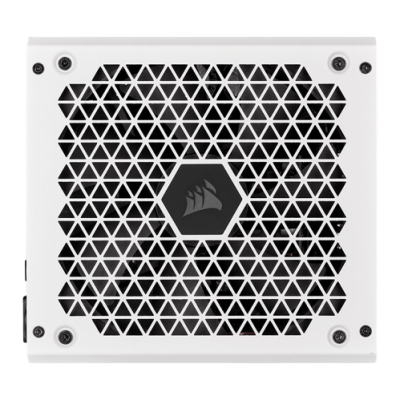 Fonte de alimentação de computador branca com grelha triangular preta e logótipo Corsair