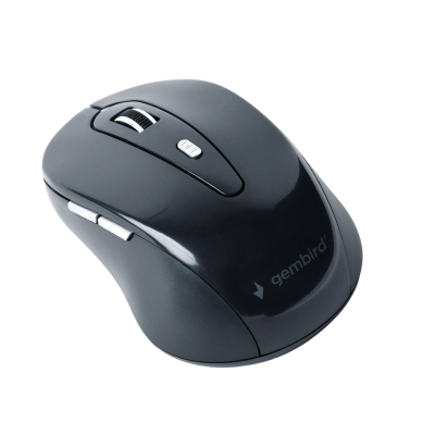 Rato de computador sem fios preto com roda de scroll branca e botões laterais.