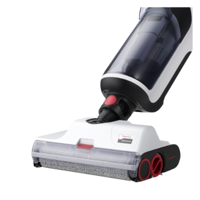 aspirador de pó vertical branco e cinza com depósito transparente e detalhes vermelhos