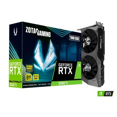 Placa gráfica ZOTAC GAMING GEFORCE RTX 3060 Ti Twin Edge com caixa preta e verde.
