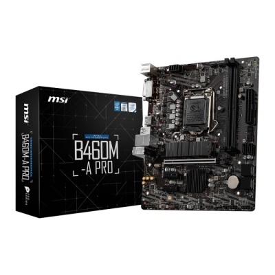 Placa-mãe MSI B460M-A PRO com caixa preta e texto branco