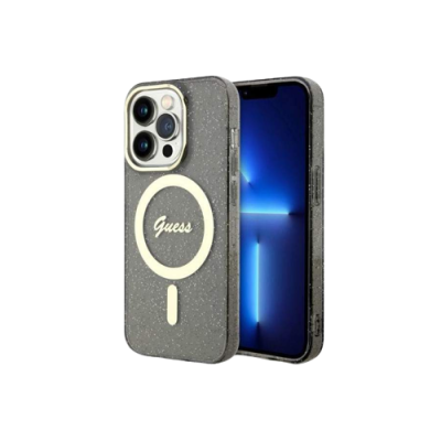 Capa de telemóvel preta com padrão manchado e círculo branco com texto Guess