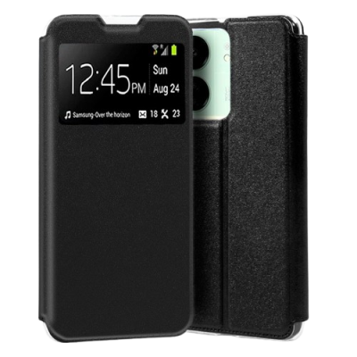 Smartphone com capa protetora preta e ecrã frontal transparente mostrando as informações do relógio